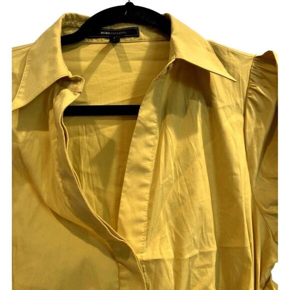 BCBGMaxazria Blouse Womens Small Yellow Stretch Dolman Sleeve Tie Waist V-Neck - Picture 4 of 12